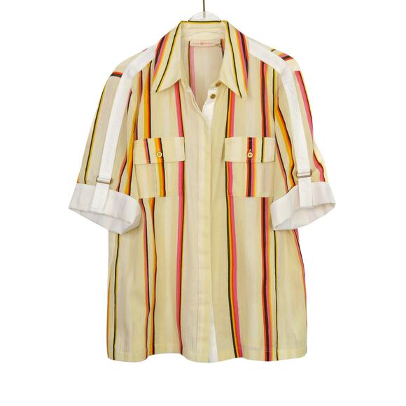 Tory Burch Canyon Stripe Cotton Shirt Size 6 Collared Multicolor Button Down - Picture 6 of 12